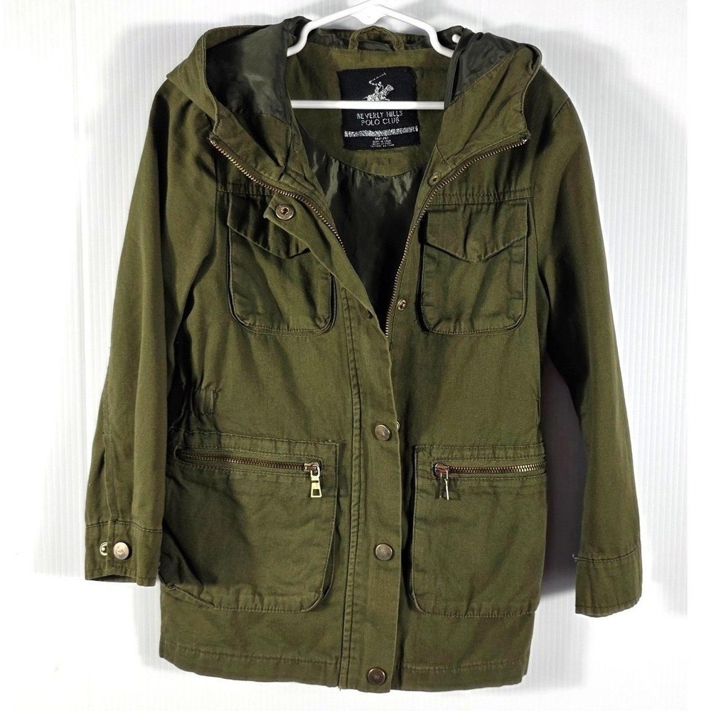 Kids Beverly Hills Polo Club Olive Green Utility Jacket Hoodie Size M 5 6